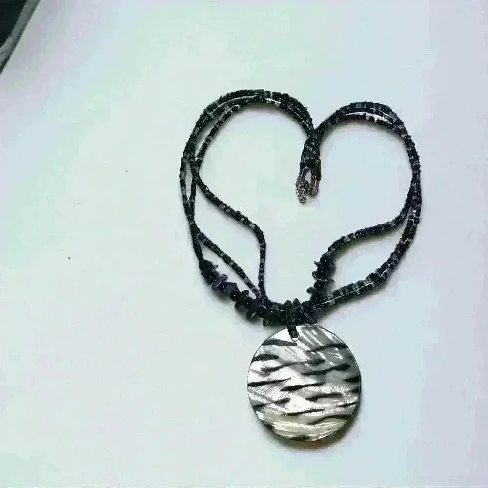 Black Multi-strand Seed Bead Necklace w Round Shell Medallion